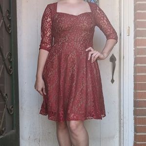 ESHAKTI Crimson Red Lace Fit-n-Flare Dress